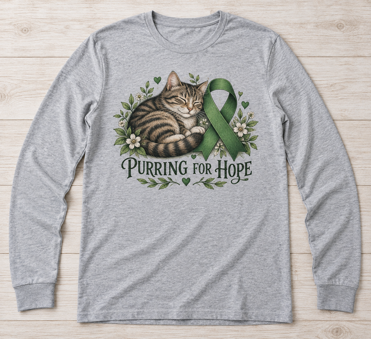 Purring for Hope green ribbon kidney awareness long sleeve tee