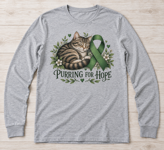 Purring for Hope green ribbon kidney awareness long sleeve tee