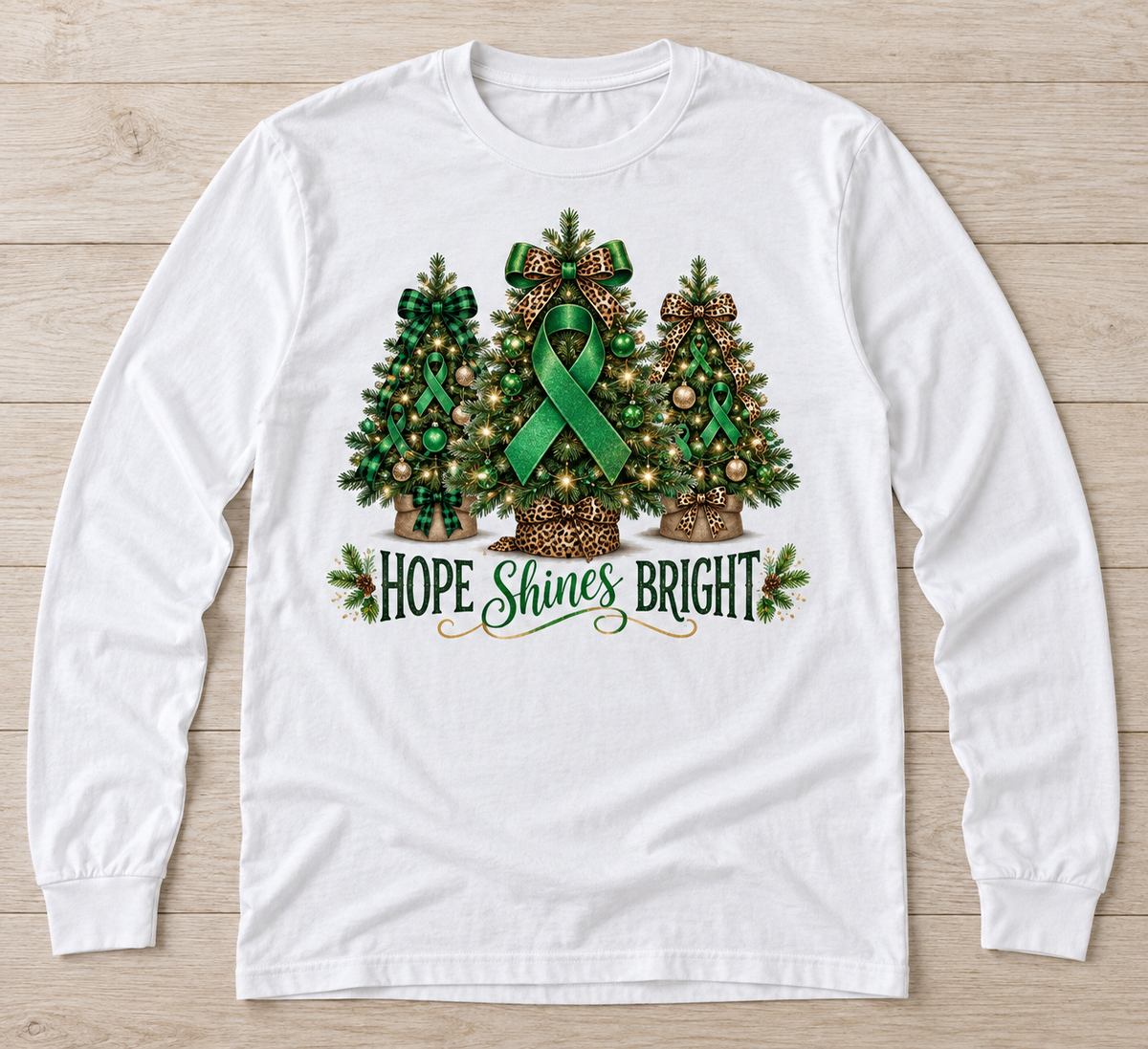 Hope Shines Bright — Christmas Trees green ribbon kidney awareness long sleeve tee