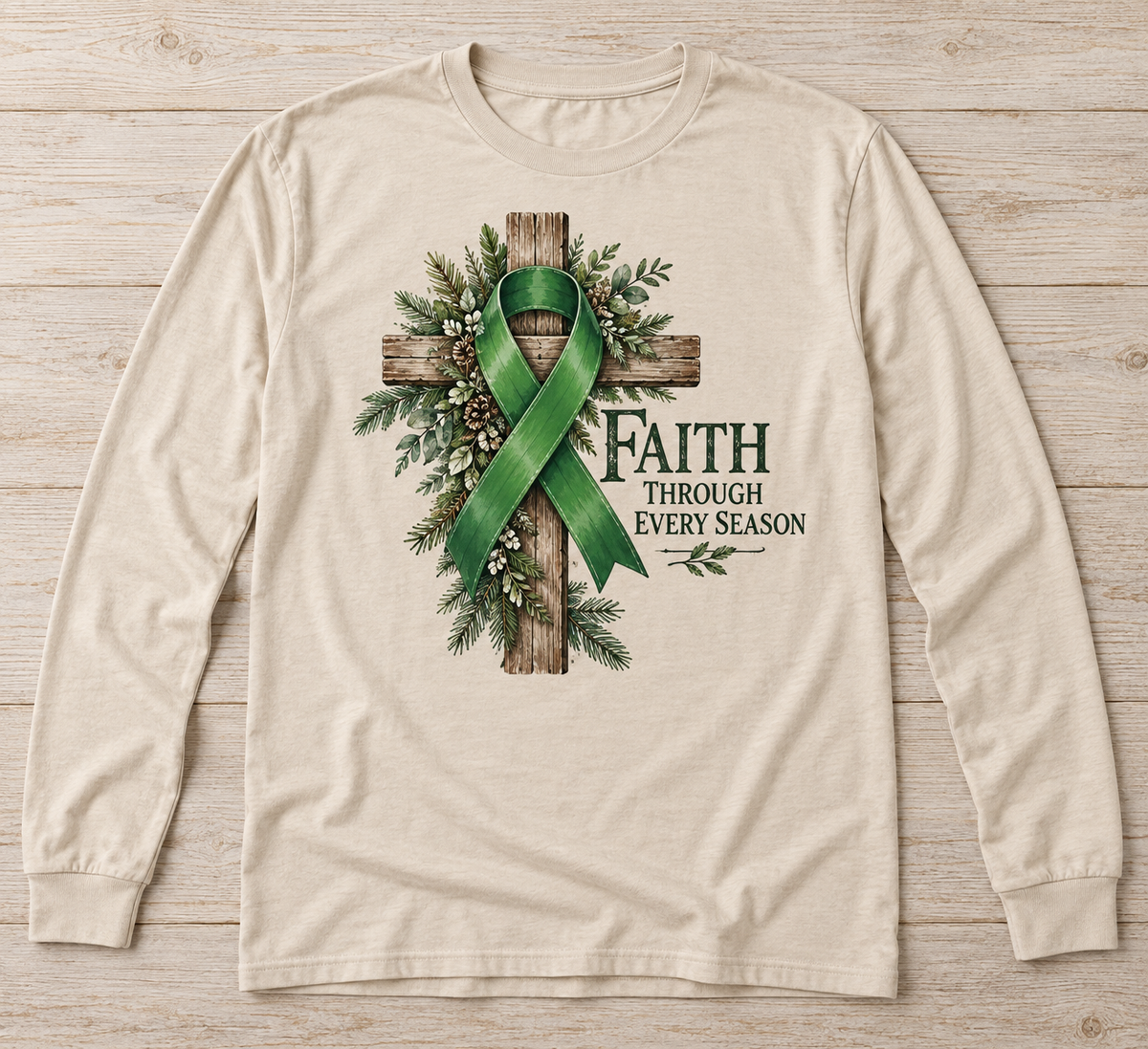 Faith Through Every Season green ribbon kidney awareness long sleeve tee