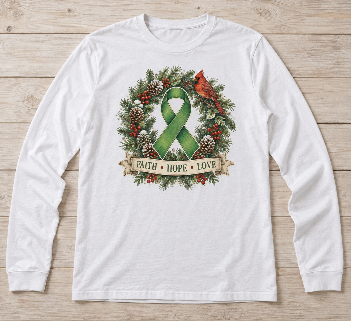 Faith — Hope — Love Christmas Wreath green ribbon kidney awareness long sleeve tee