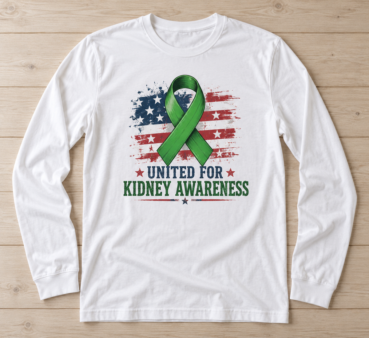 United for Kidney Awareness green ribbon kidney awareness long sleeve tee