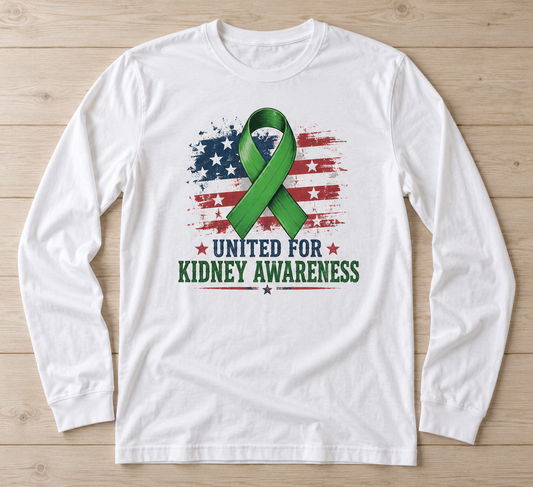United for Kidney Awareness green ribbon kidney awareness long sleeve tee