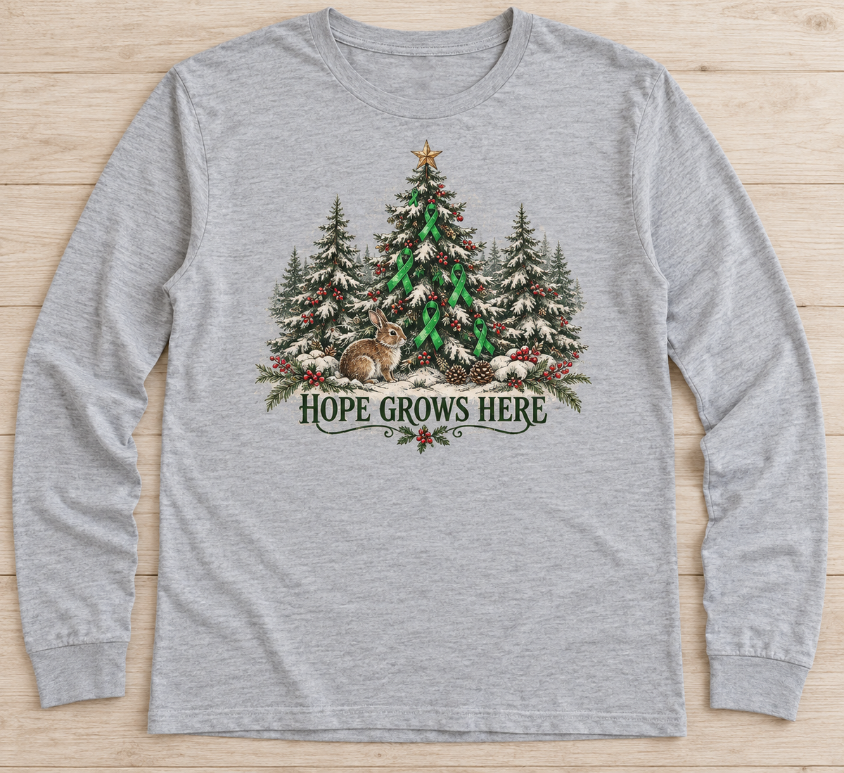 Hope Grows Here — Christmas Pines green ribbon kidney awareness long sleeve tee