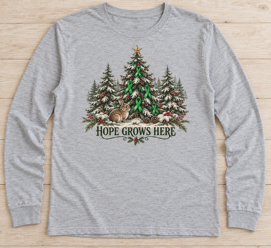 Hope Grows Here — Christmas Pines green ribbon kidney awareness long sleeve tee