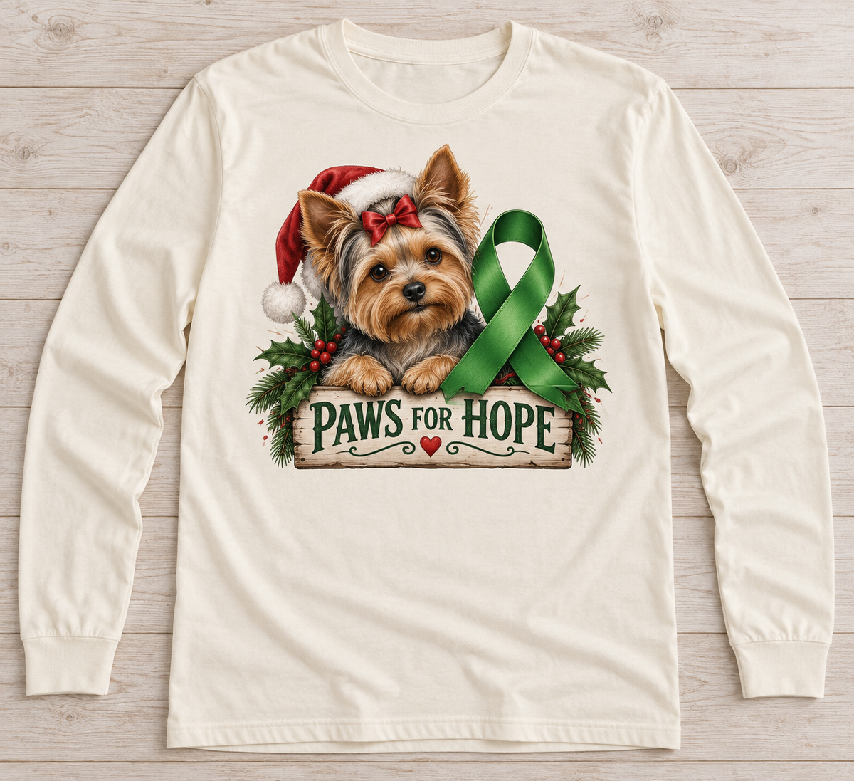 Paws for Hope — Yorkie Christmas Sign green ribbon kidney awareness long sleeve tee