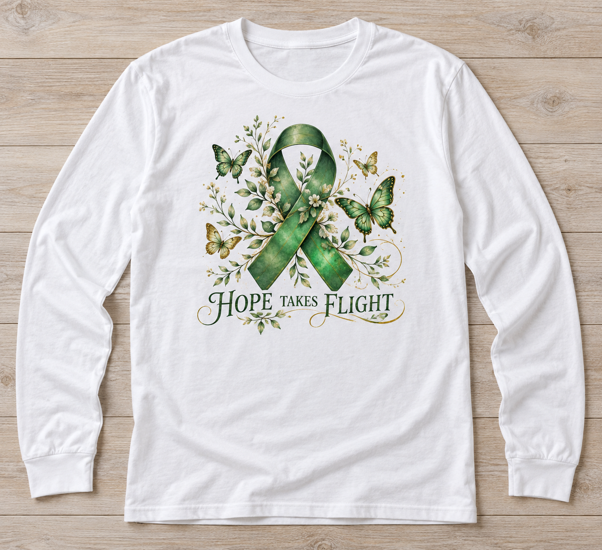 Hope Takes Flight — Butterflies green ribbon kidney awareness long sleeve tee