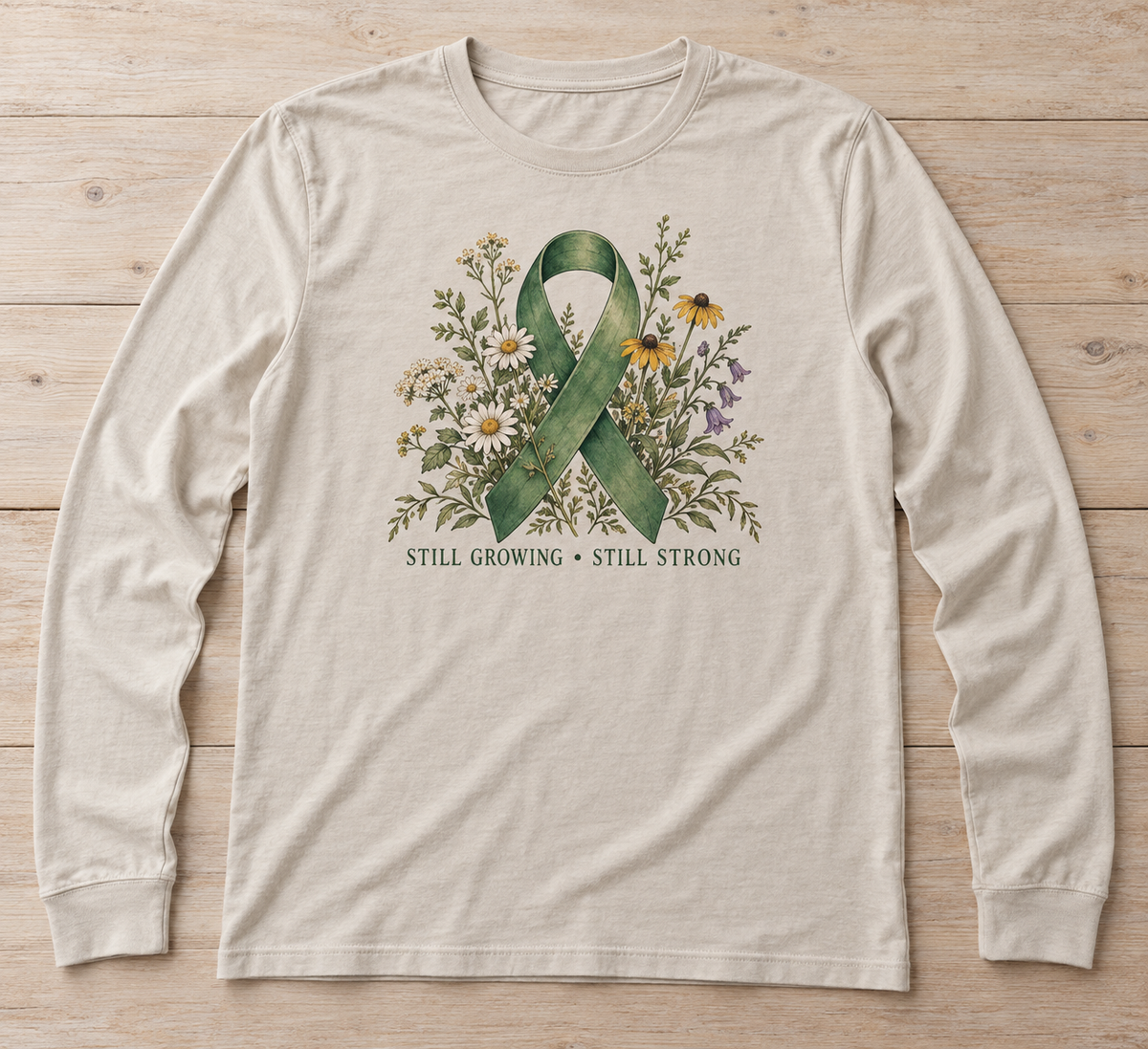 Still Growing — Still Strong green ribbon kidney awareness long sleeve tee