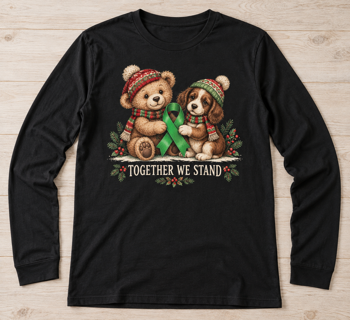 Together We Stand — Bear & Puppy green ribbon kidney awareness long sleeve tee