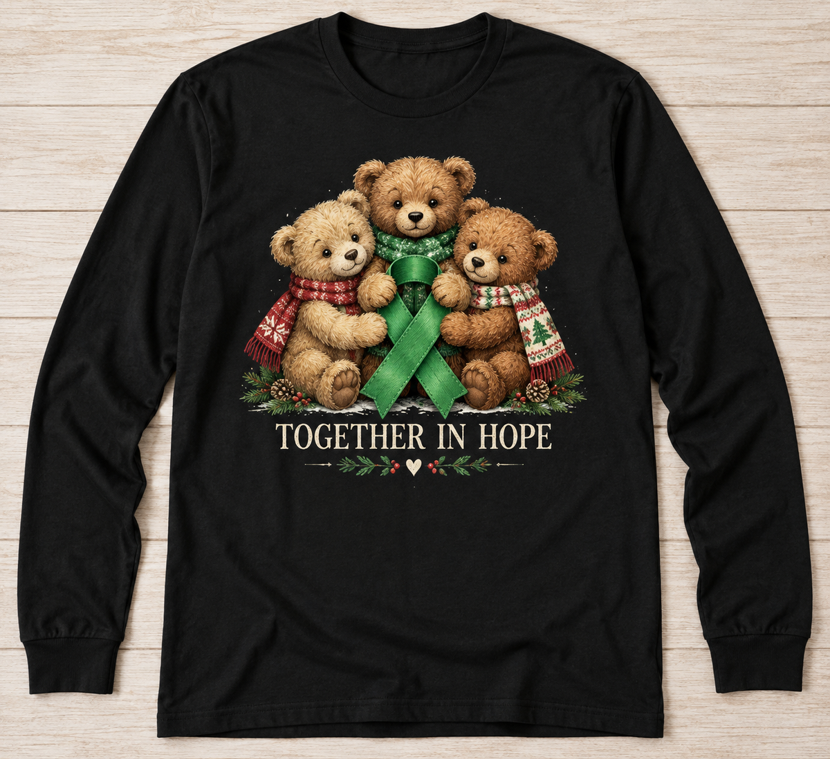 Together in Hope — Christmas Bears green ribbon kidney awareness long sleeve tee