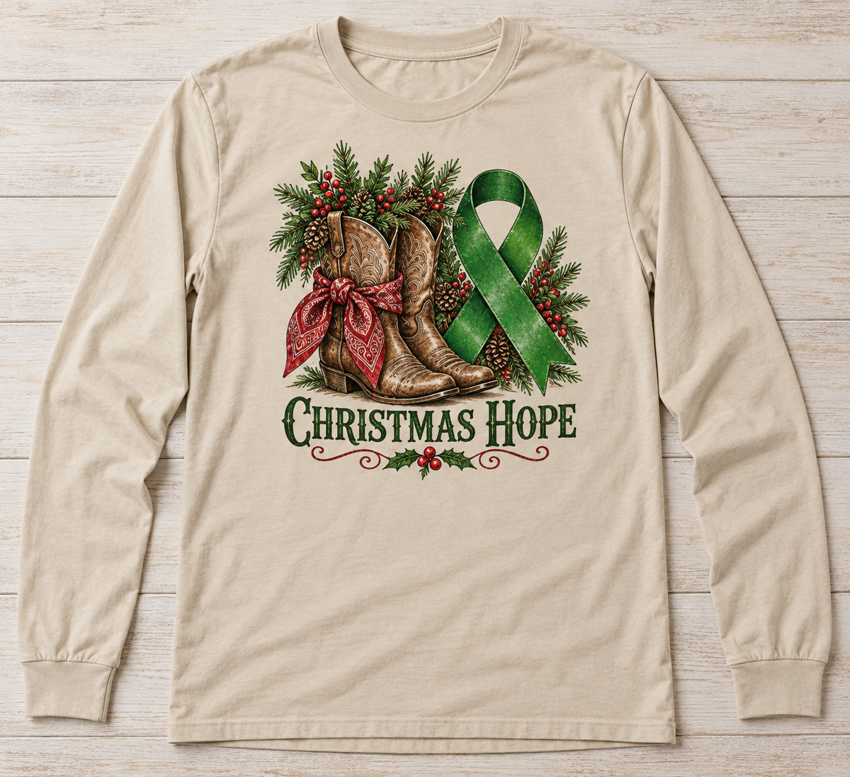 Christmas Hope — Western Boots green ribbon kidney awareness long sleeve tee