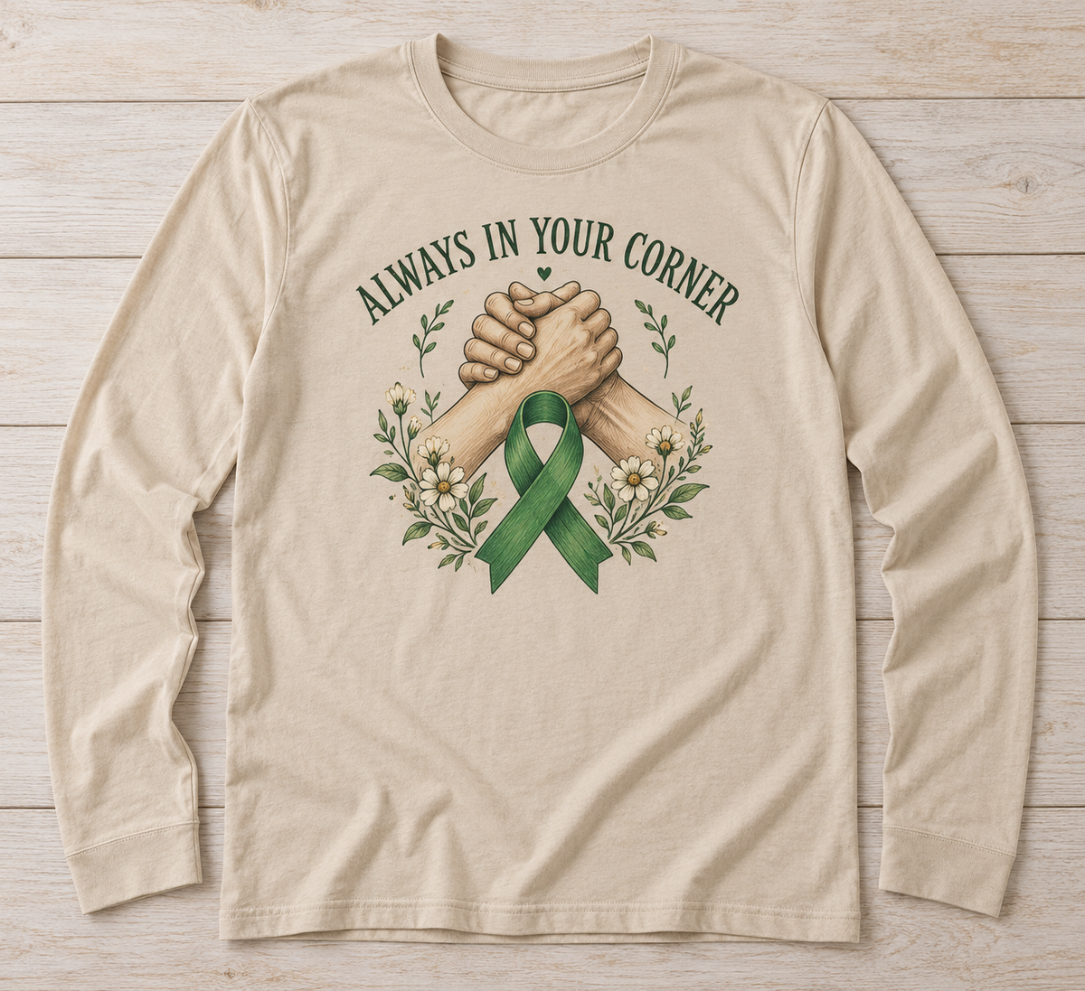 Always in Your Corner green ribbon kidney awareness long sleeve tee