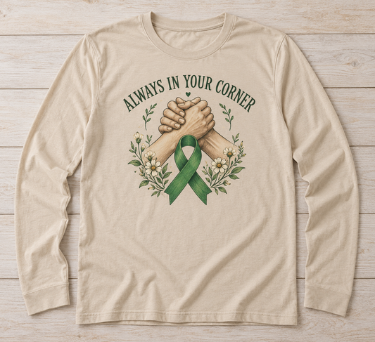 Always in Your Corner green ribbon kidney awareness long sleeve tee
