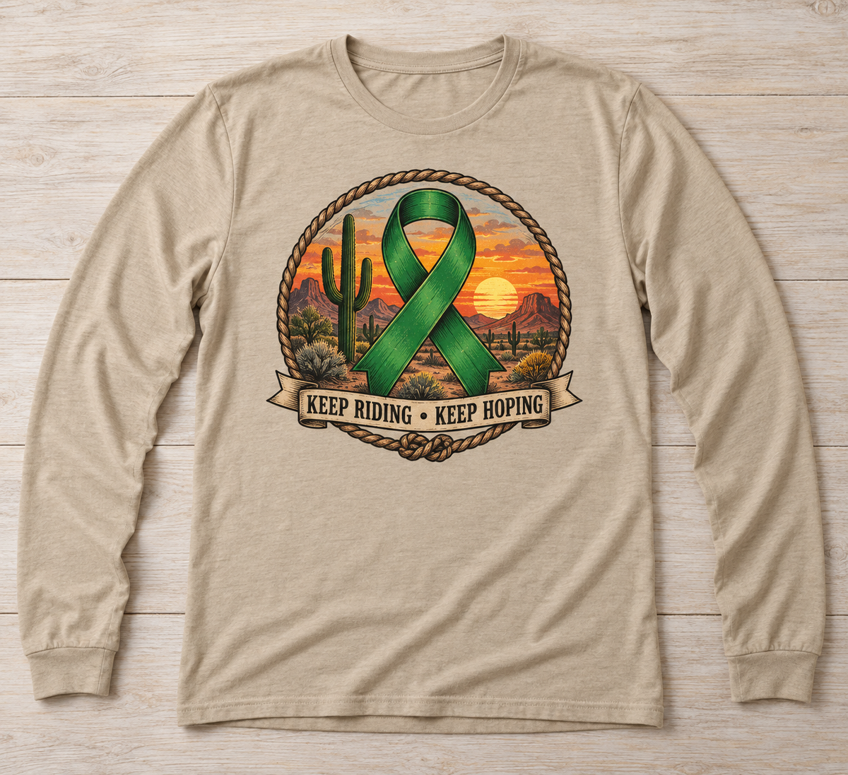 Keep Riding — Keep Hoping green ribbon kidney awareness long sleeve tee