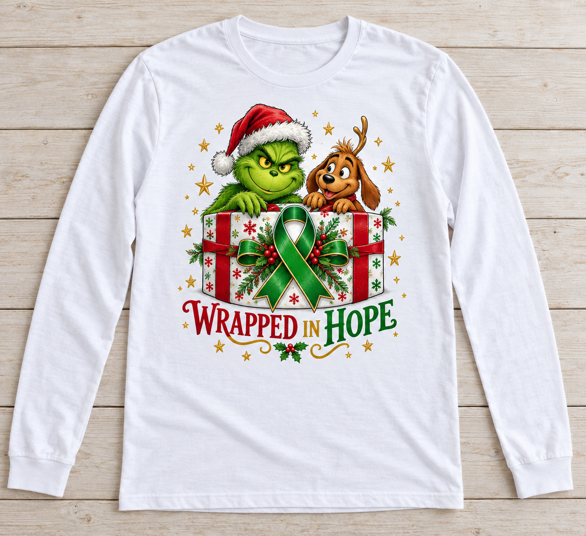 Grinch & Max — Wrapped in Hope green ribbon kidney awareness long sleeve tee