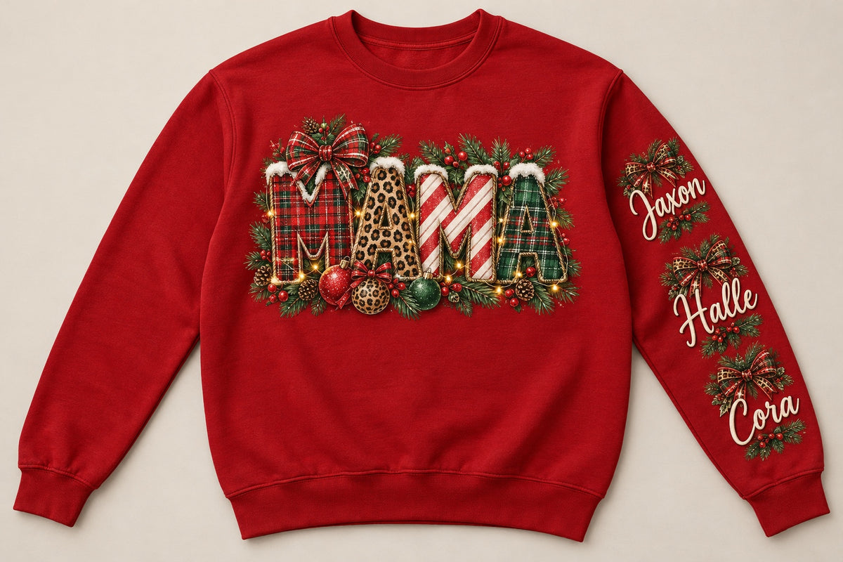 Patchwork Mama — Personalized One-Sleeve Christmas Crewneck