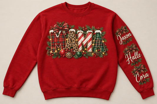 Patchwork Mama — Personalized One-Sleeve Christmas Crewneck