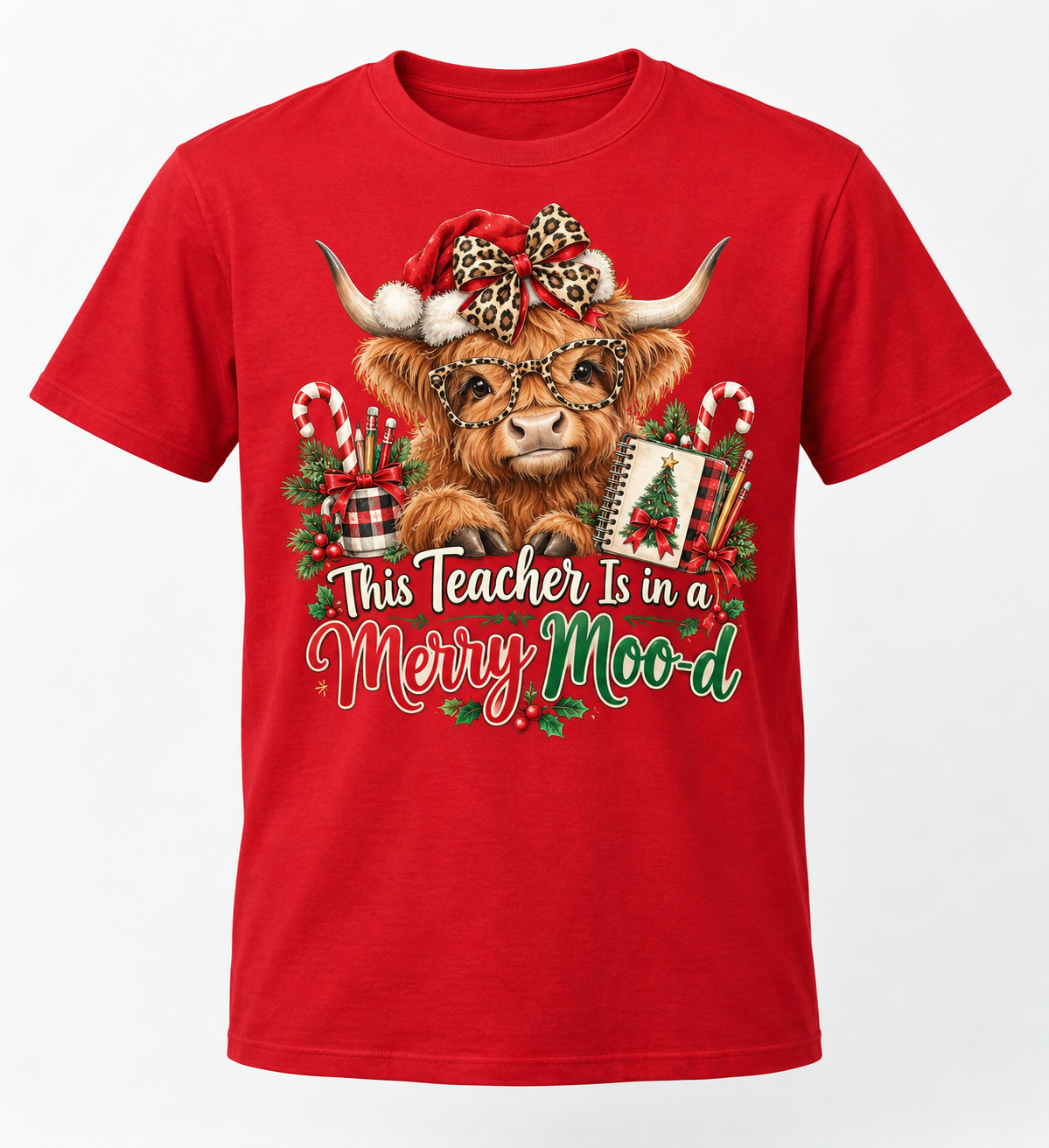 This Teacher Is in a Merry Moo-d — Highland Cow Teacher Christmas Tee mockup