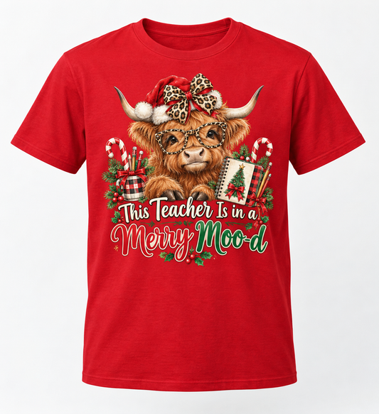 This Teacher Is in a Merry Moo-d — Highland Cow Teacher Christmas Tee mockup