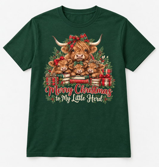 Merry Christmas to My Little Herd — Highland Cow Teacher Christmas Tee mockup