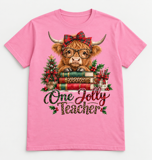 One Jolly Teacher — Highland Cow Teacher Christmas Tee mockup