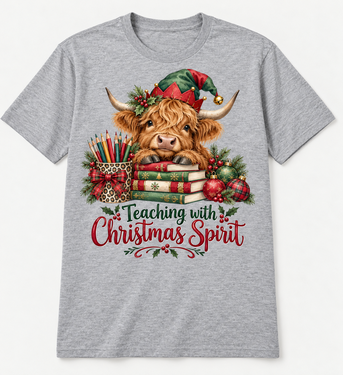 Teaching with Christmas Spirit — Highland Cow Teacher Christmas Tee mockup