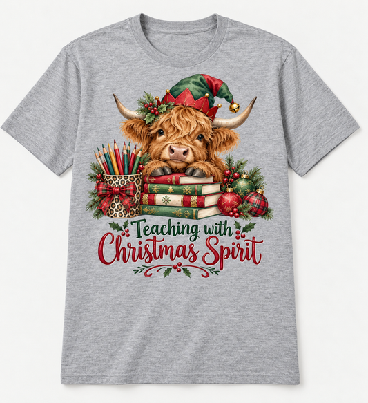 Teaching with Christmas Spirit — Highland Cow Teacher Christmas Tee mockup