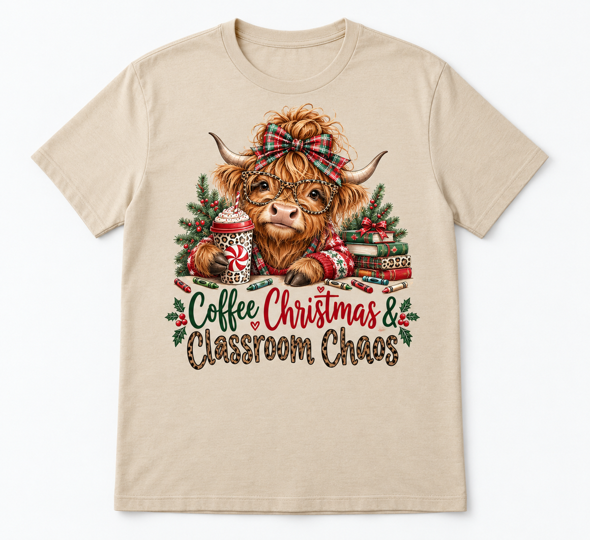 Coffee Christmas & Classroom Chaos — Highland Cow Teacher Christmas Tee mockup