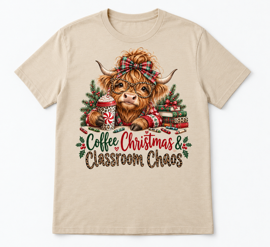 Coffee Christmas & Classroom Chaos — Highland Cow Teacher Christmas Tee mockup