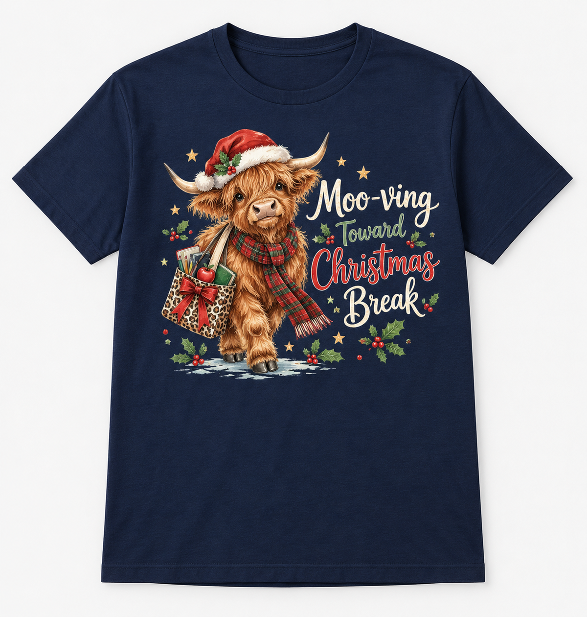 Moo-ving Toward Christmas Break — Highland Cow Teacher Christmas Tee mockup