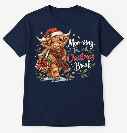 Moo-ving Toward Christmas Break — Highland Cow Teacher Christmas Tee mockup