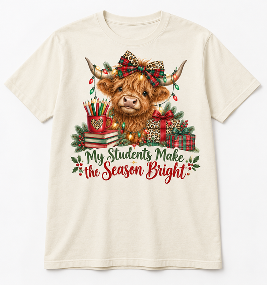 My Students Make the Season Bright — Highland Cow Teacher Christmas Tee mockup