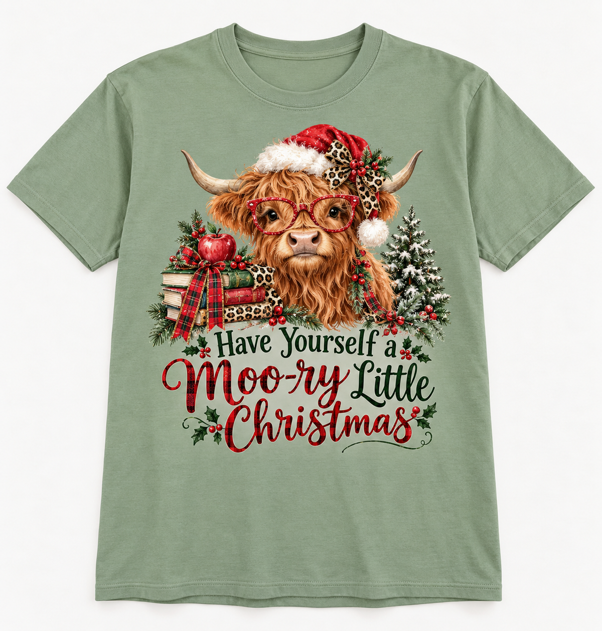 Have Yourself a Moo-ry Little Christmas — Highland Cow Teacher Christmas Tee mockup