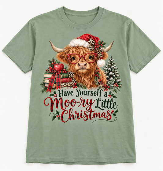 Have Yourself a Moo-ry Little Christmas — Highland Cow Teacher Christmas Tee mockup