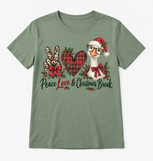 Peace Love & Christmas Break — Goose Teacher Christmas Tee mockup