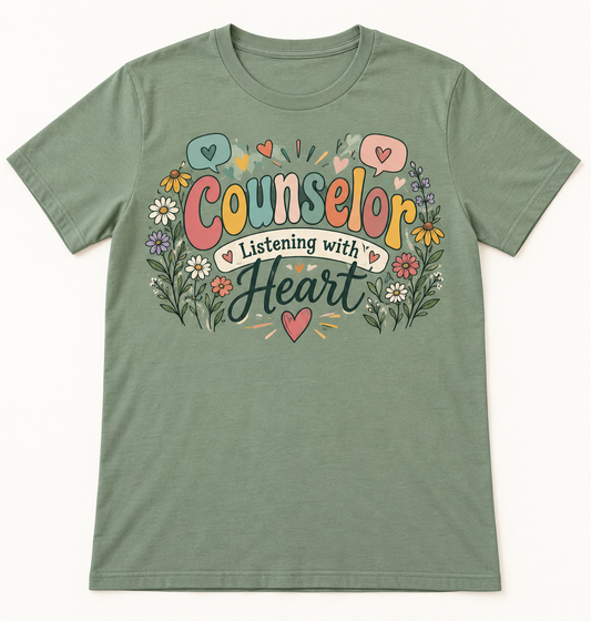 Counselor Listening with Heart — School Staff Tee mockup