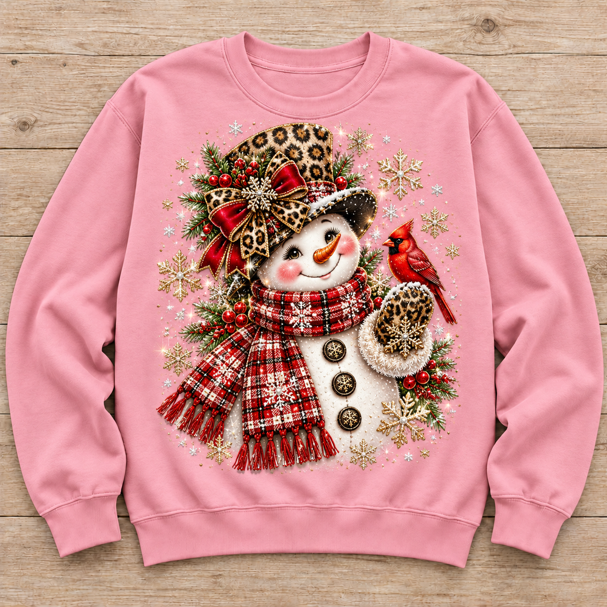 Leopard Bow Snowwoman & Cardinal sweatshirt