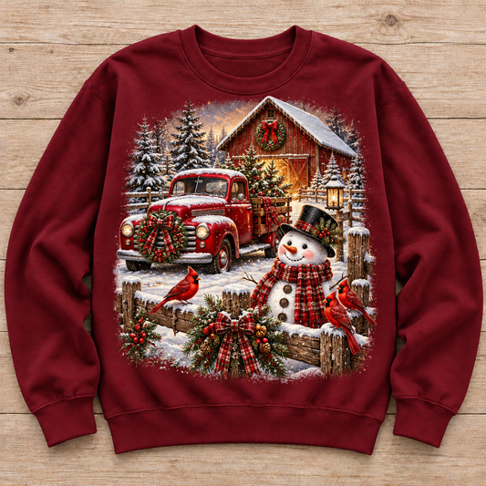 Snowman Christmas Barn & Red Truck sweatshirt