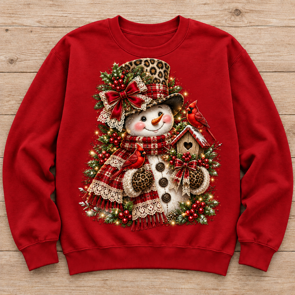 Leopard Snowman & Cardinal Birdhouse sweatshirt