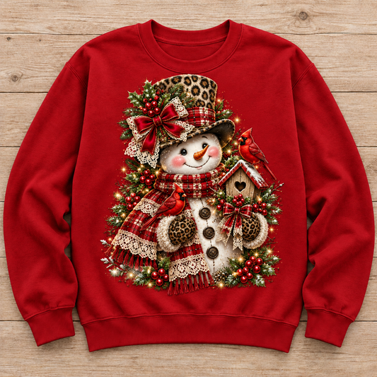 Leopard Snowman & Cardinal Birdhouse sweatshirt