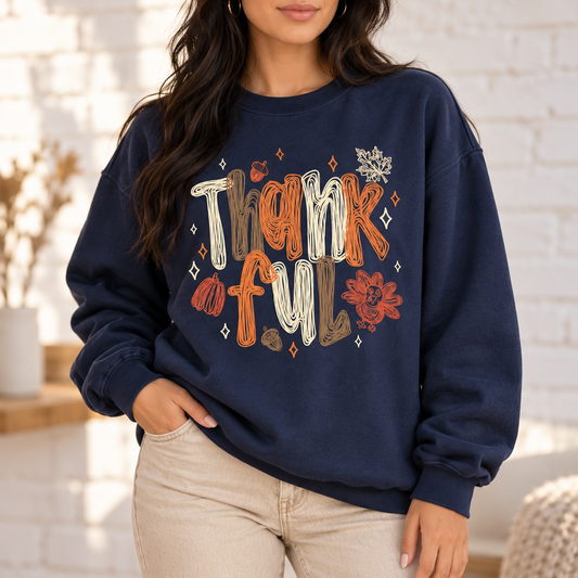 Thankful Scribble Thanksgiving Tee — artwork preview on sweatshirt; product sold as short-sleeve tee