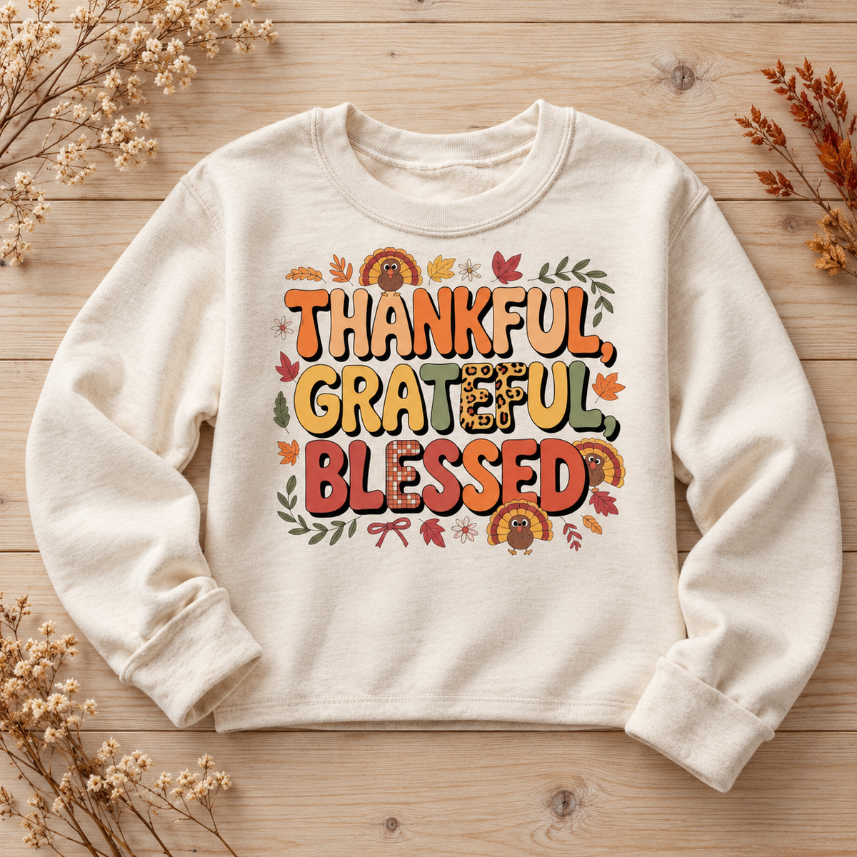 Thankful Grateful Blessed Thanksgiving Tee — artwork preview on sweatshirt; product sold as short-sleeve tee