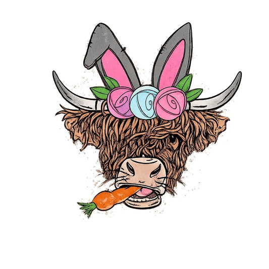 Highland Cow — Easter Bunny Ears & Carrot