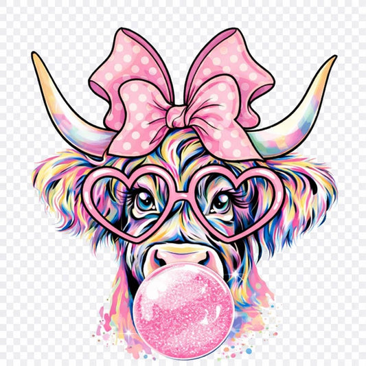 Highland Cow — Rainbow Bubblegum & Heart Glasses