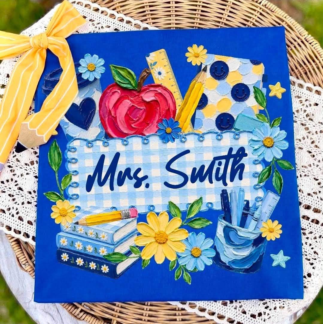 Personalized Teacher — Blue Gingham & Daisies