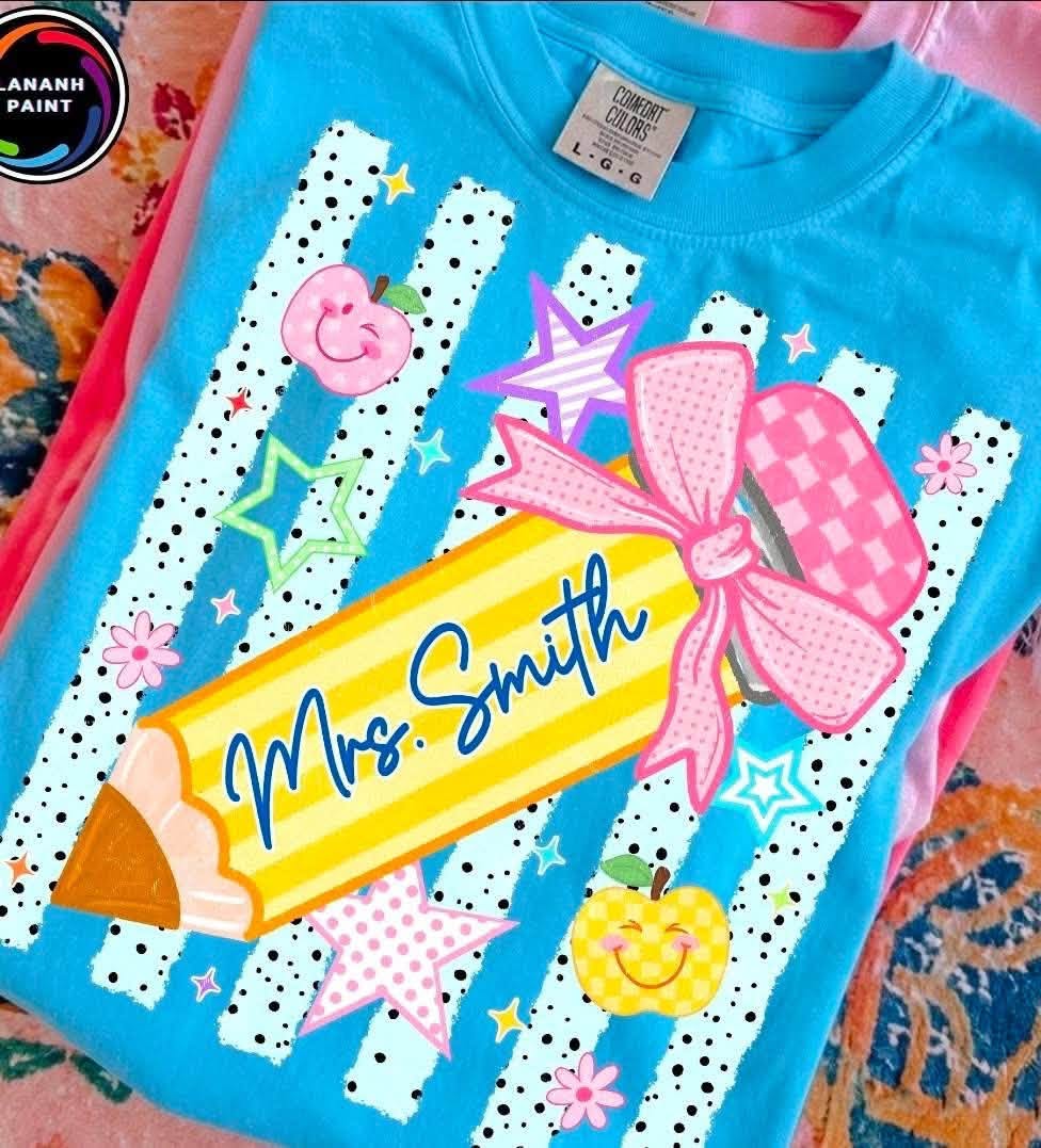 Personalized Teacher — Diagonal Pencil & Pink Bow