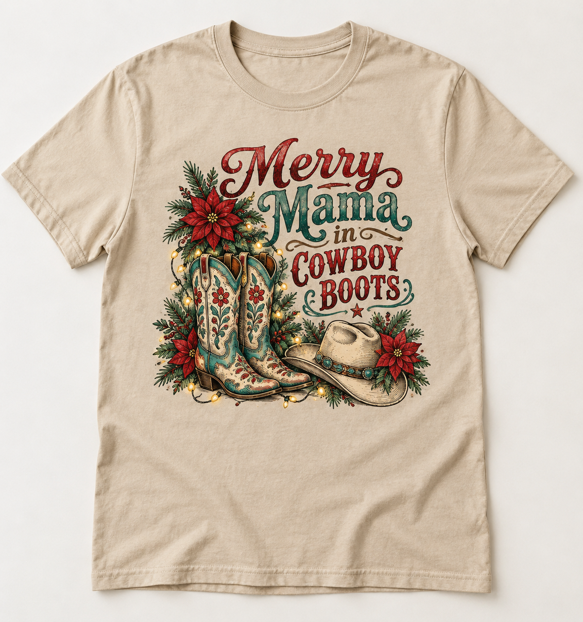Merry Mama in Cowboy Boots Western Christmas tee mockup
