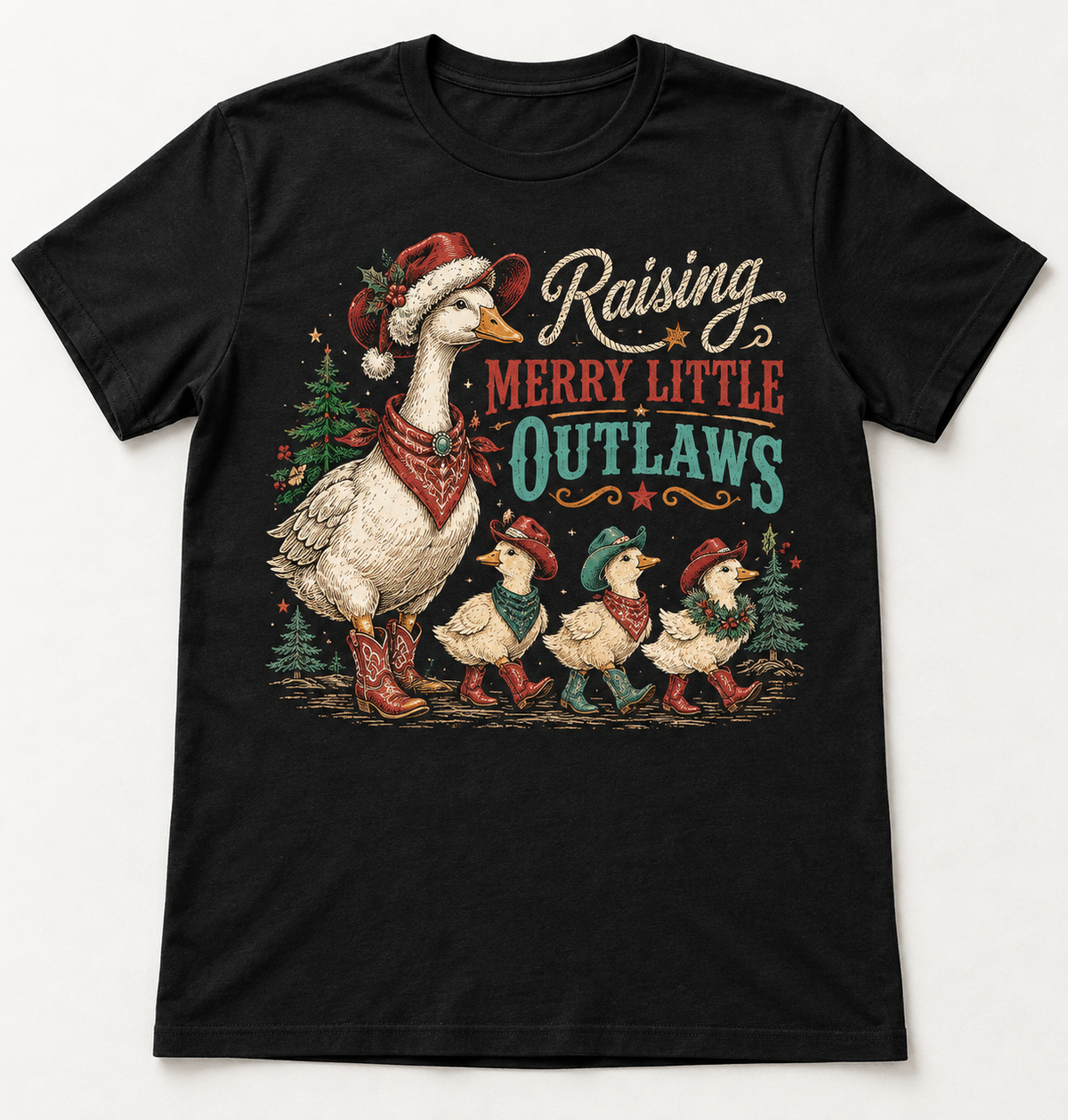Raising Merry Little Outlaws Western Christmas tee mockup