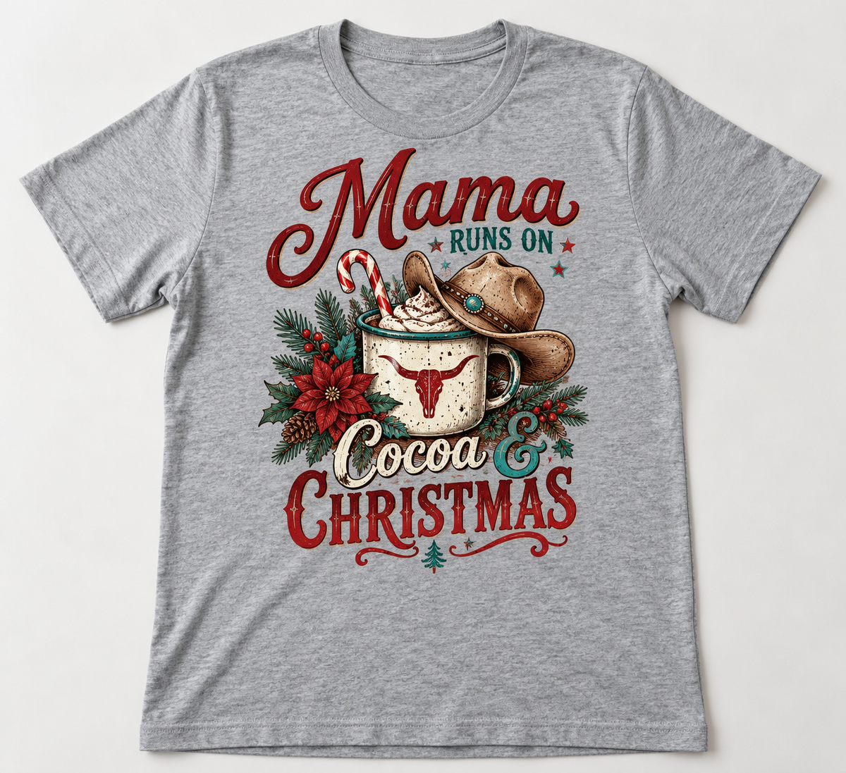 Mama Runs on Cocoa & Christmas Western Christmas tee mockup