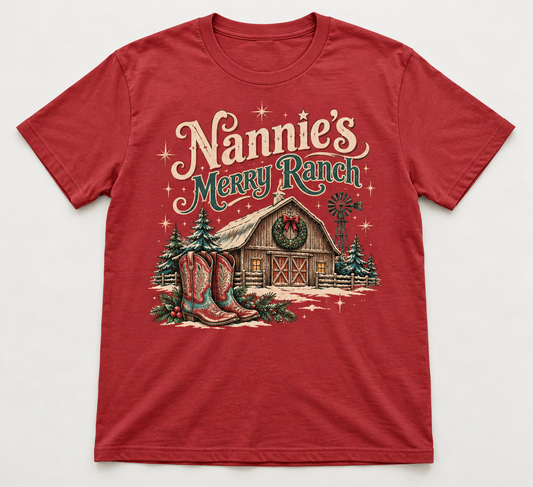 Nannie's Merry Ranch Western Christmas tee mockup